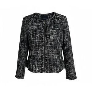 Banana Republic Boucle Tweed Zip Front Fringe Blazer Jacket Black White Size 4